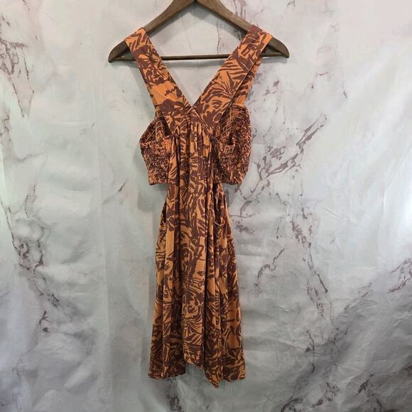 Anthropologie Dress Womens Medium Linen Piper Criss Cross Smocked Cut Out Orange - Picture 5 of 12
